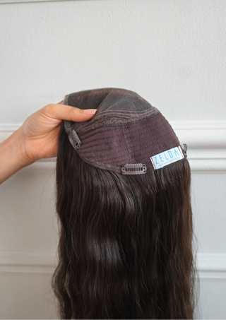 Deep Brown Lace Topper 24 inches by Zelda Hair, crafted from virgin hair for a sophisticated look in Jewish and alopecia wigs.