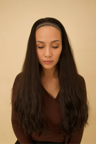 30-inch Zelda Hair dark bandfall wig from a luxury affordable wigs shop in New York, designed for comfort and elegance.
