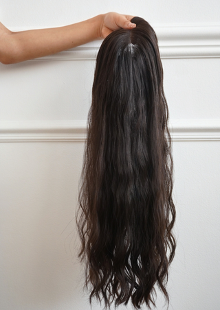 Zelda Hair 24-inch Lace Topper in Chestnut Glow Balayage, a luxury virgin hair wig for Jewish wigs and alopecia wigs.