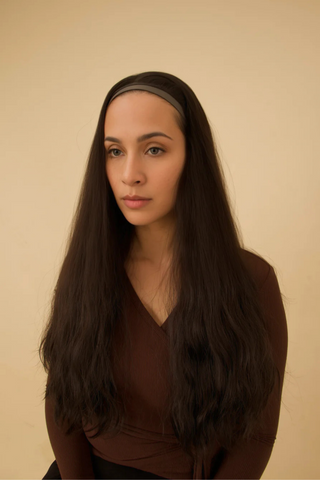 Dark color Zelda Hair bandfall wig, 30 inches long, from a luxury affordable wigs shop in New York, ideal for versatile styling.